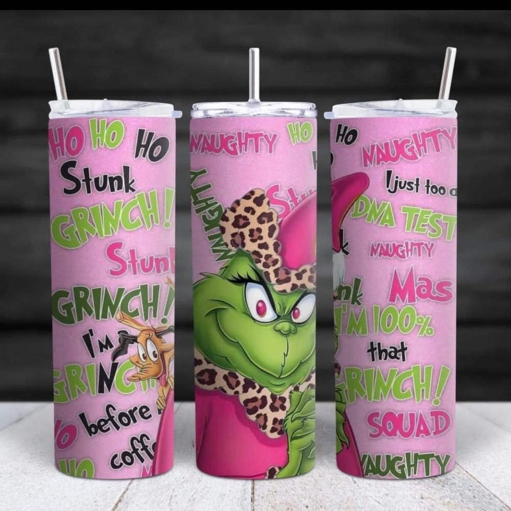 Pink Grinch Themed Tumbler with Straw